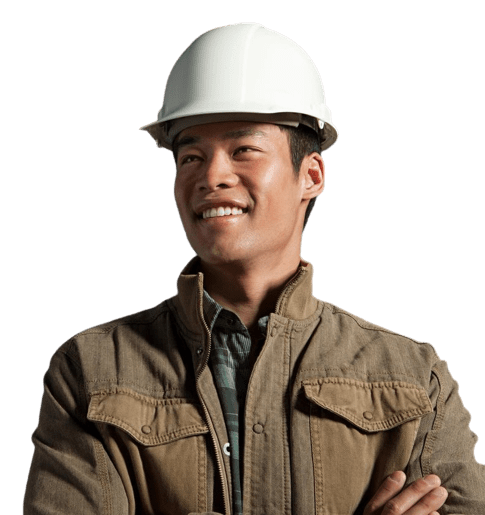 A man wearing a white hard hat and jacket.